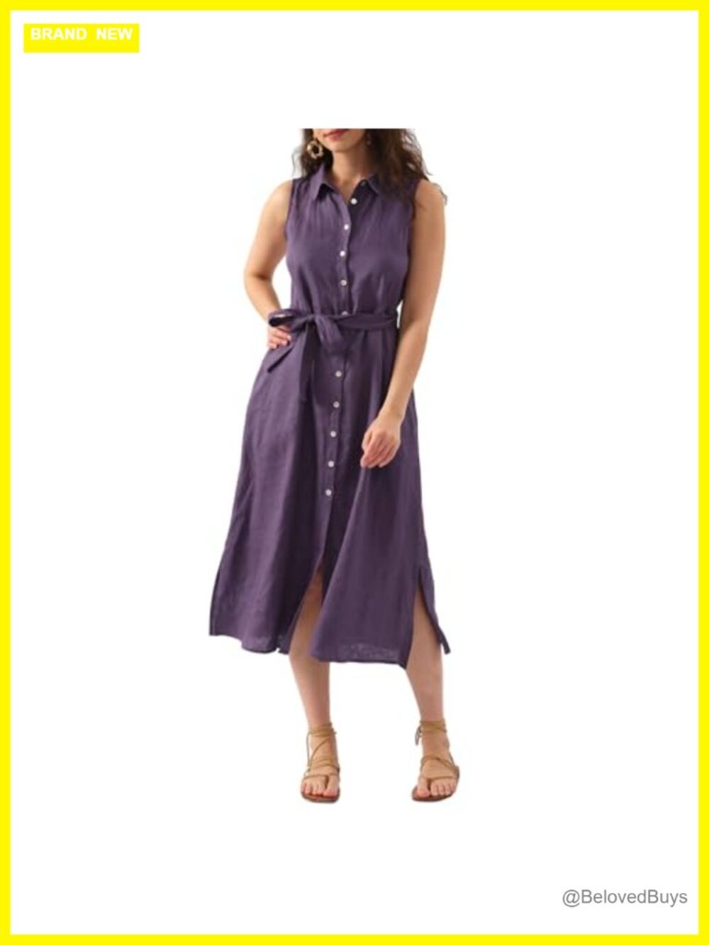 Pure Linen Sleeveless Midi Dress Button Down Relaxed Fit Belted